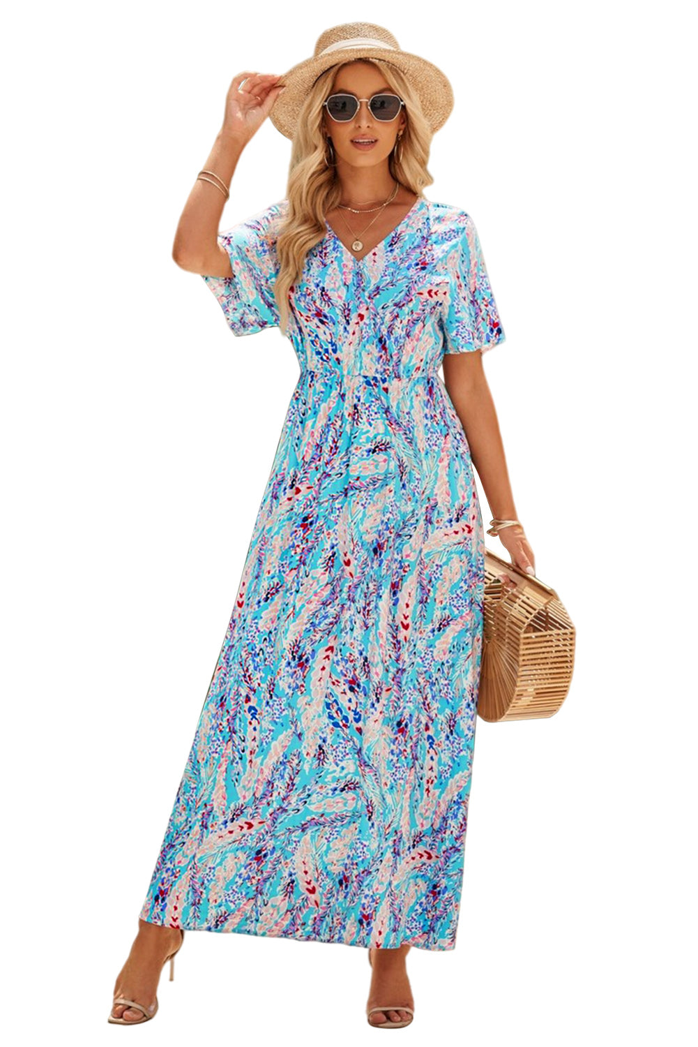 Abstract Botanic Print Wrap V Neck Short Sleeve Maxi Dress