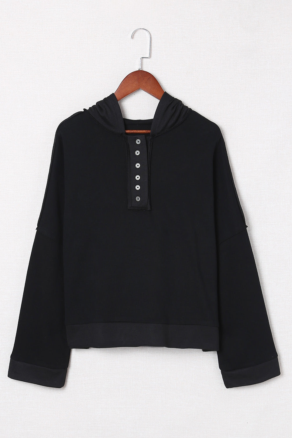 Black Solid Color Button Front Basic Pullover Hoodie