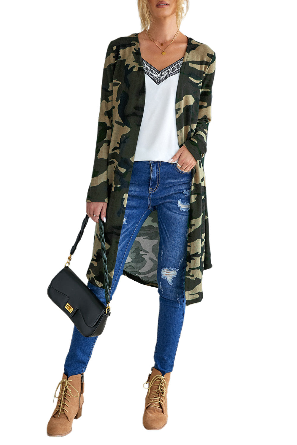 Cárdigan largo con estampado de camuflaje verde