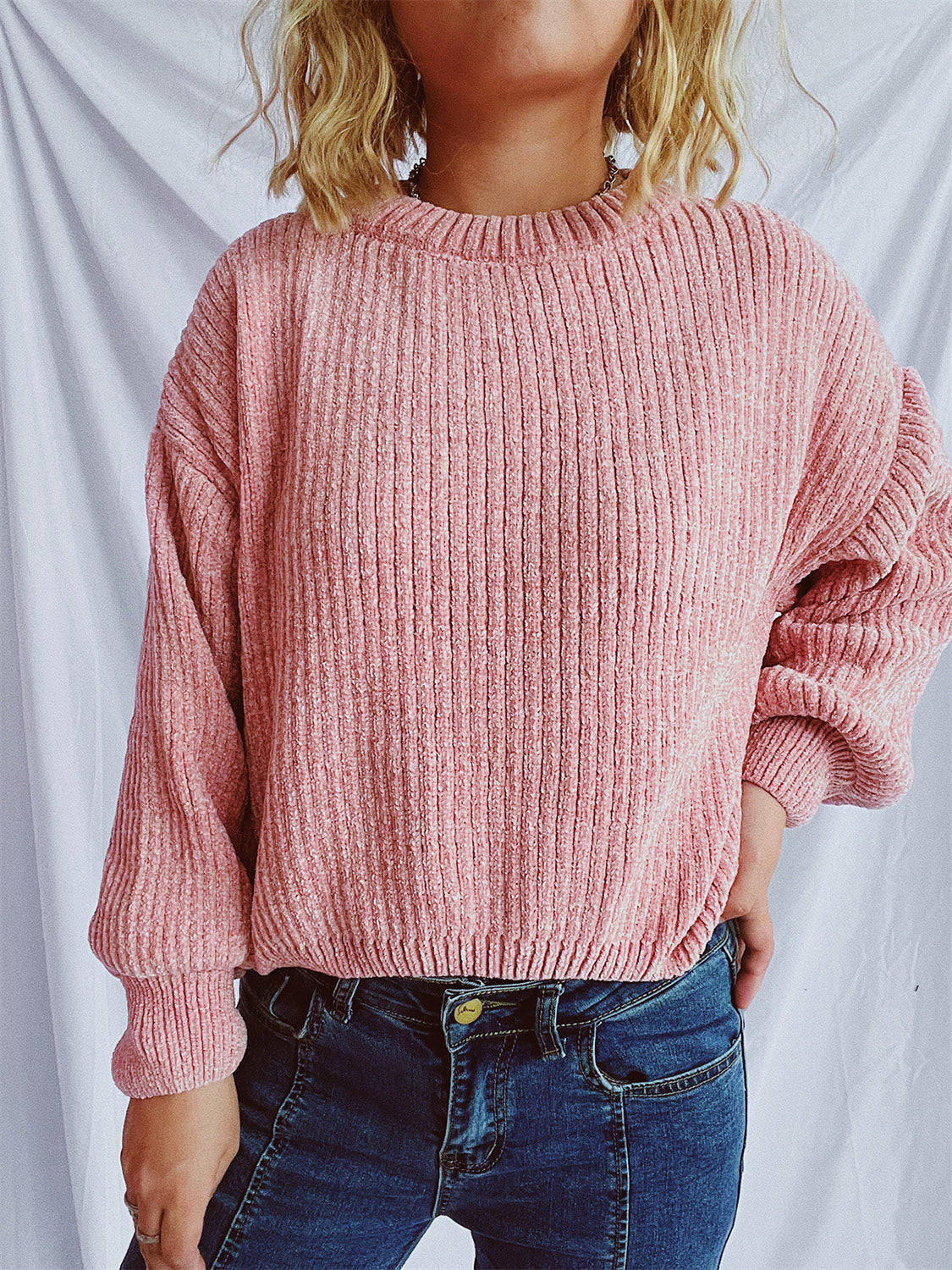 Round Neck Dropped Shoulder Chenille Long Sleeve Sweater