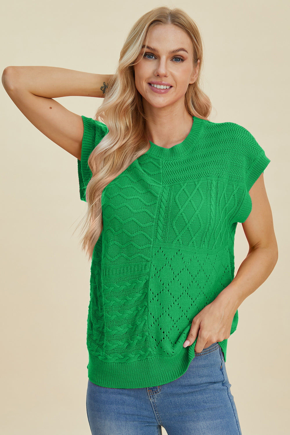 Suéter de cuello redondo y manga corta de punto trenzado de Double Take | Tallas grandes | S - XL | 2XL - 3XL | 5 COLORES