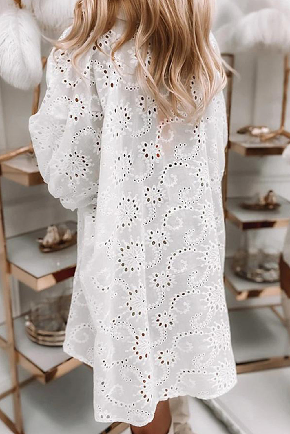 White Elegant Eyelet Lace Shirt Babydoll Dress