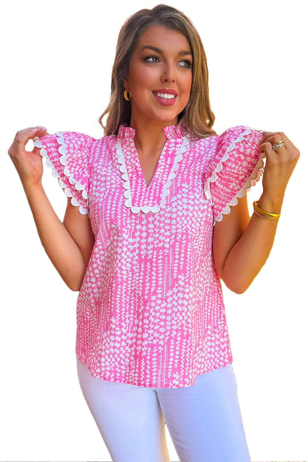 Pink Abstract Print Ric Rac Trim Flutter Sleeve Notch V Neck Blouse