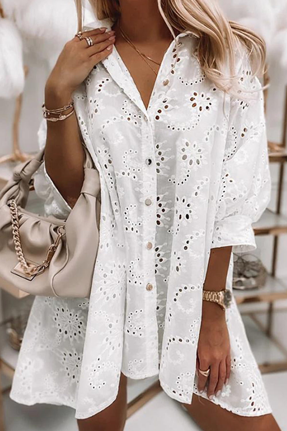 White Elegant Eyelet Lace Shirt Babydoll Dress