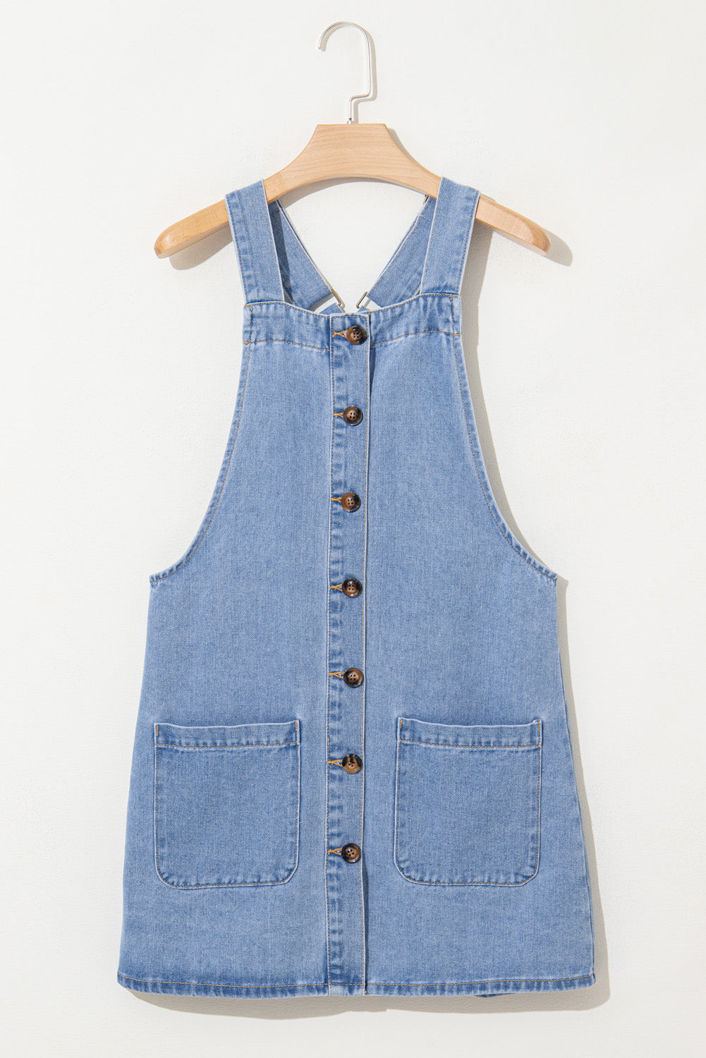 Medium Grey Wide Strap Button Front Pocketed Denim Short Dress
