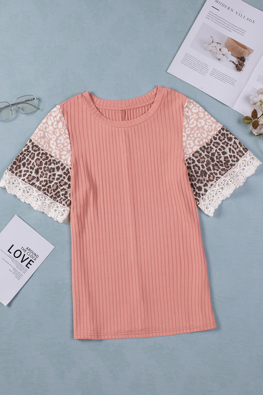 Black Casual Leopard Lace Splicing Sleeve Patchwork Rib-Knit Top