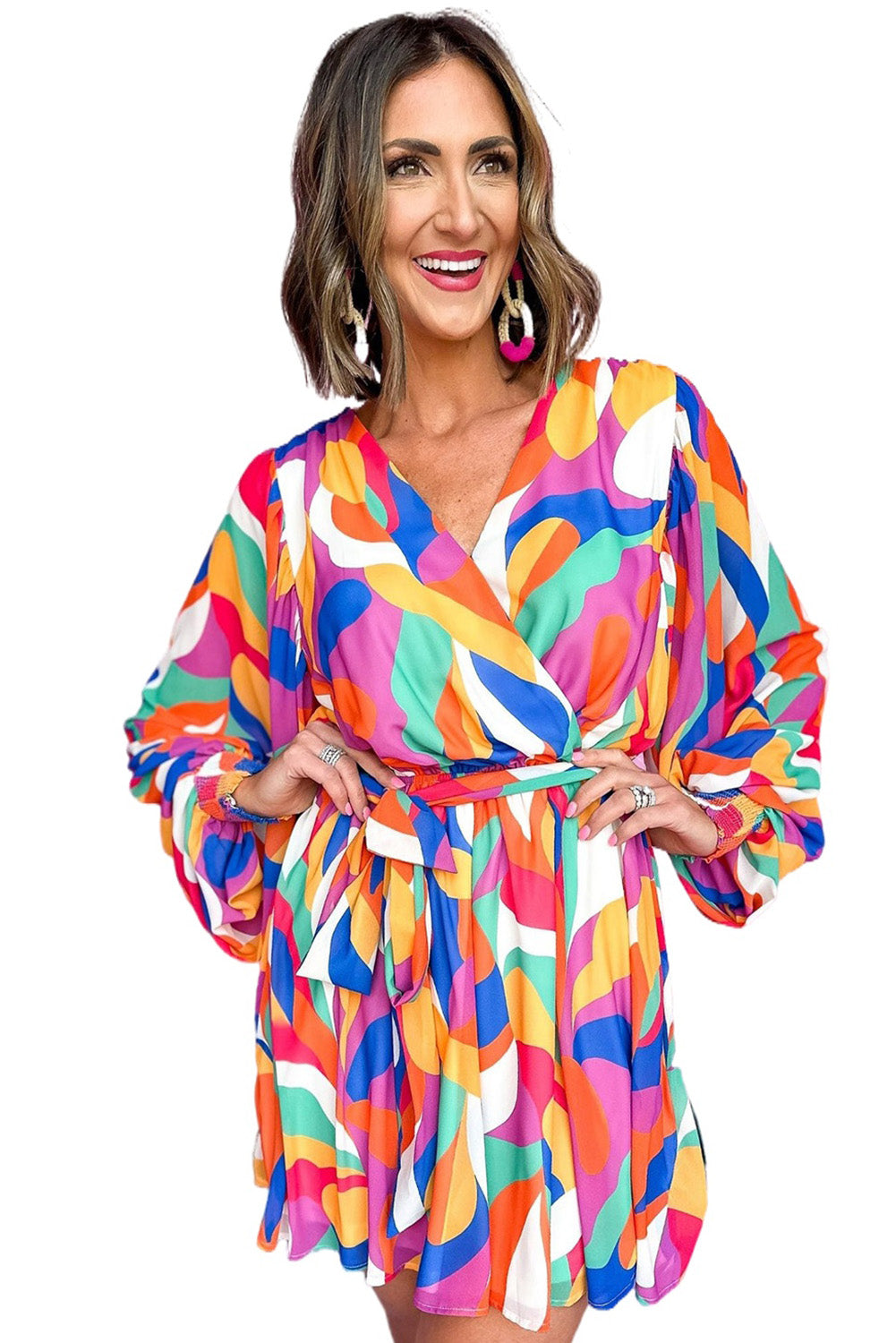 Red Abstract Printed Belted Puff Sleeve Short Dress