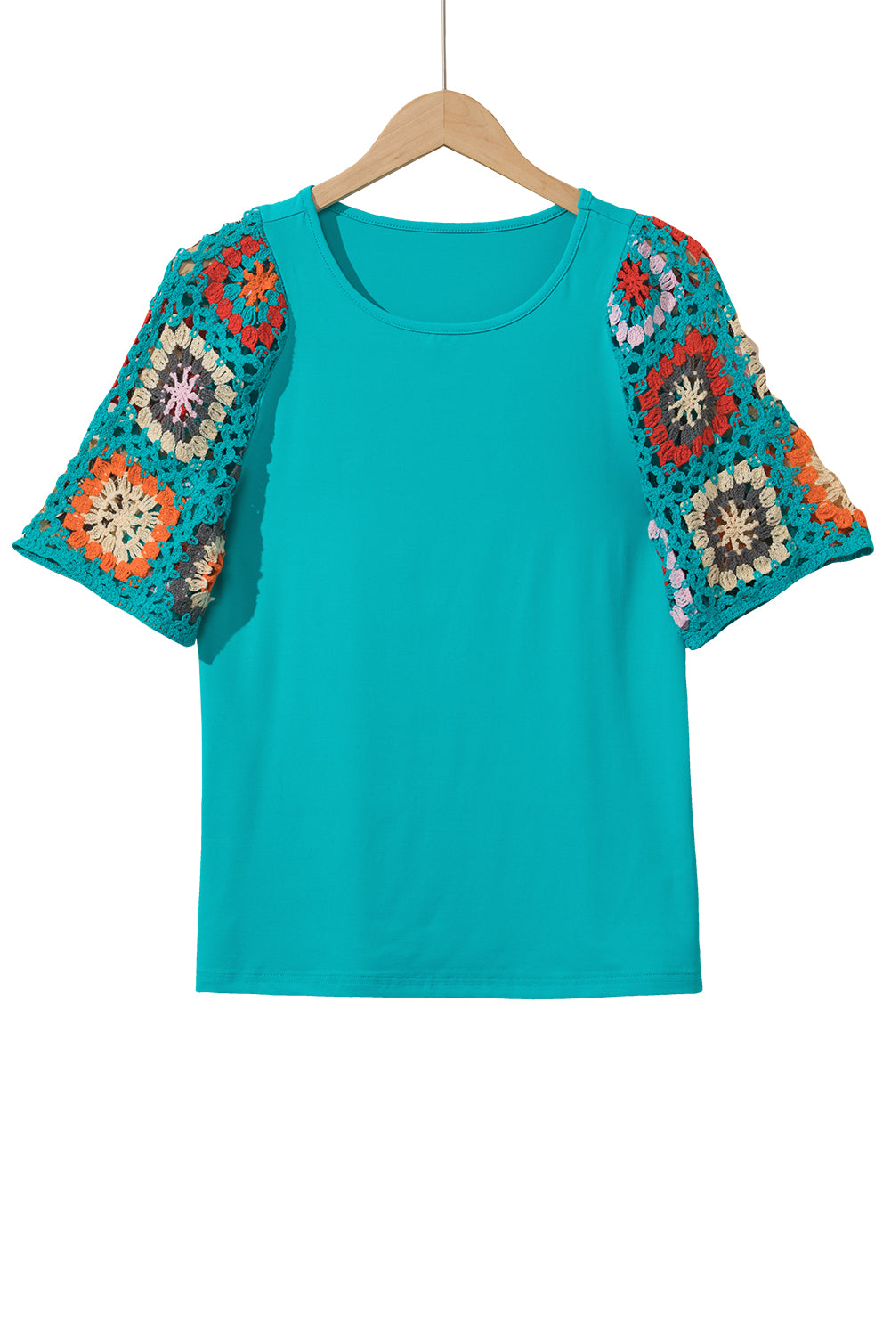 Camiseta con mangas de crochet y estampado floral ahuecado estilo boho turquesa