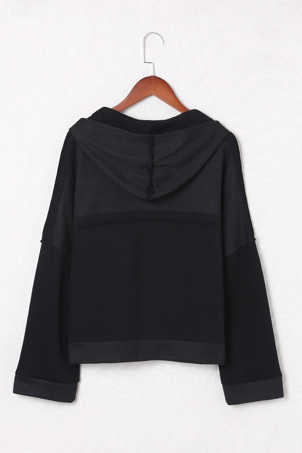 Black Solid Color Button Front Basic Pullover Hoodie