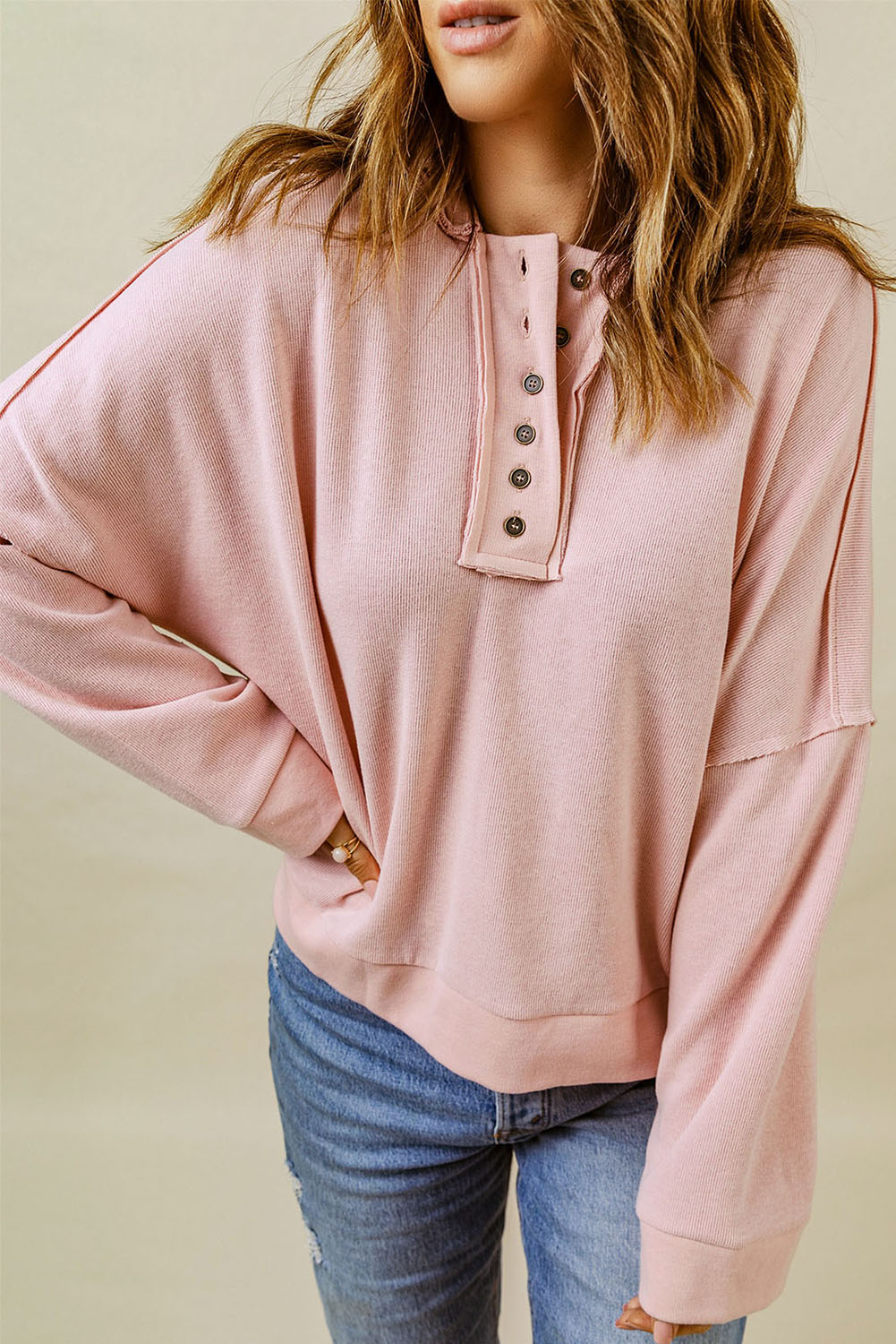 Black Solid Color Button Front Basic Pullover Hoodie