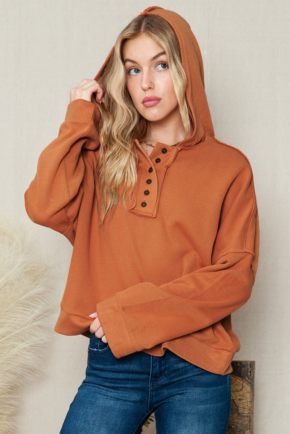 Black Solid Color Button Front Basic Pullover Hoodie