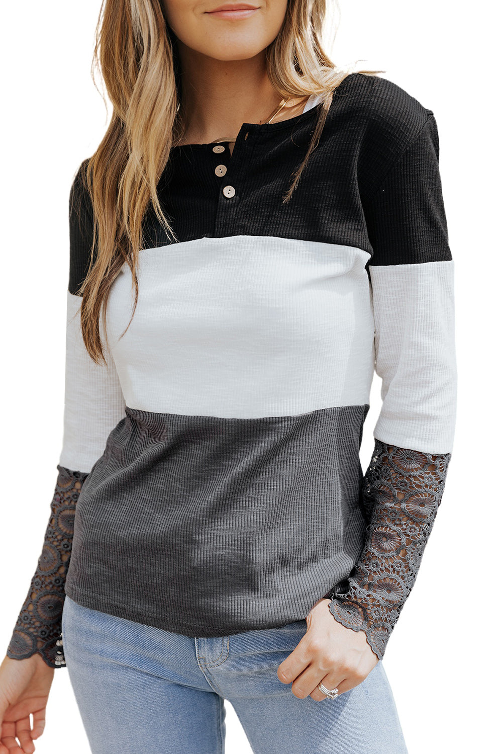 Camisa henley con mangas de crochet y encaje acanalado con bloques de color para mujer