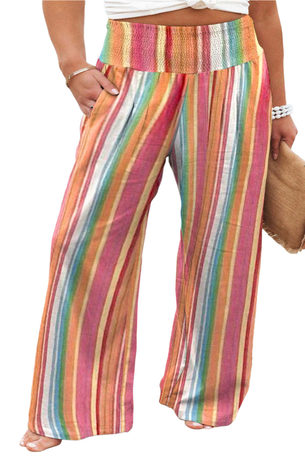 Pantalones holgados con cintura fruncida y rayas bohemias en color naranja de talla grande