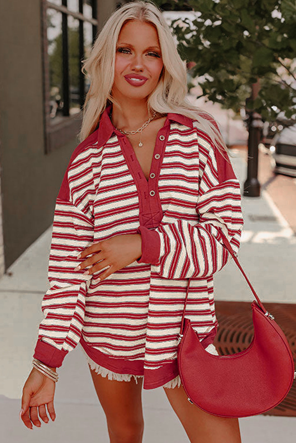 Pink Stripe Buttoned V Neck Collared Drop Shoulder Top