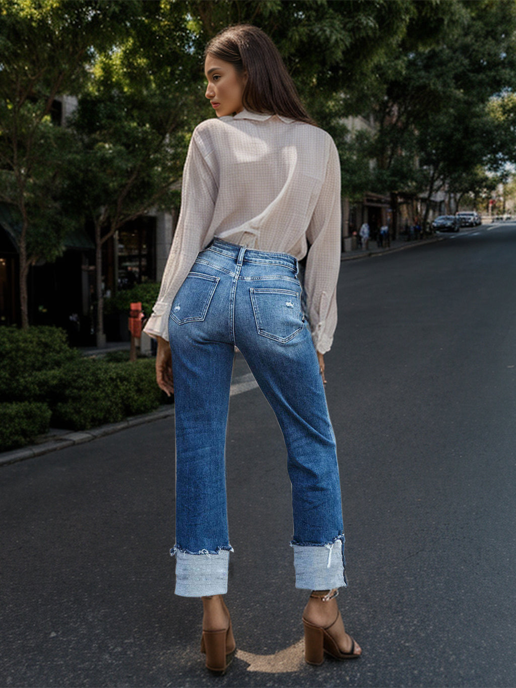 Stepped Waist Raw Hem Rolled Straight Jeans | S - XL