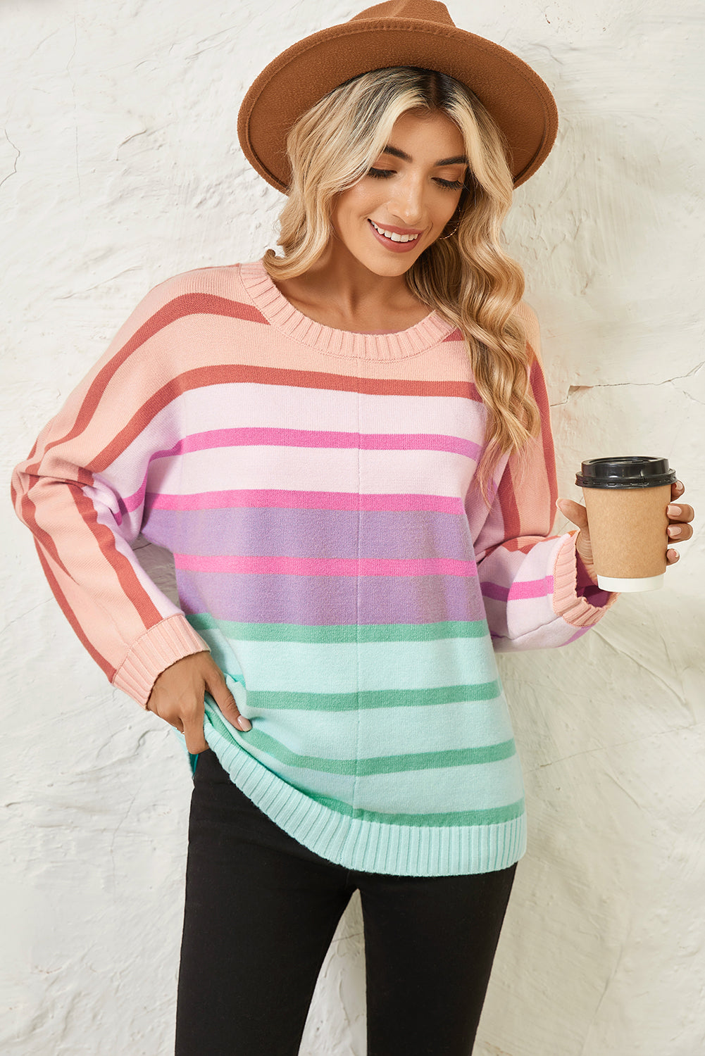 Yellow Striped Ribbed Edge Gradient Loose Sweater