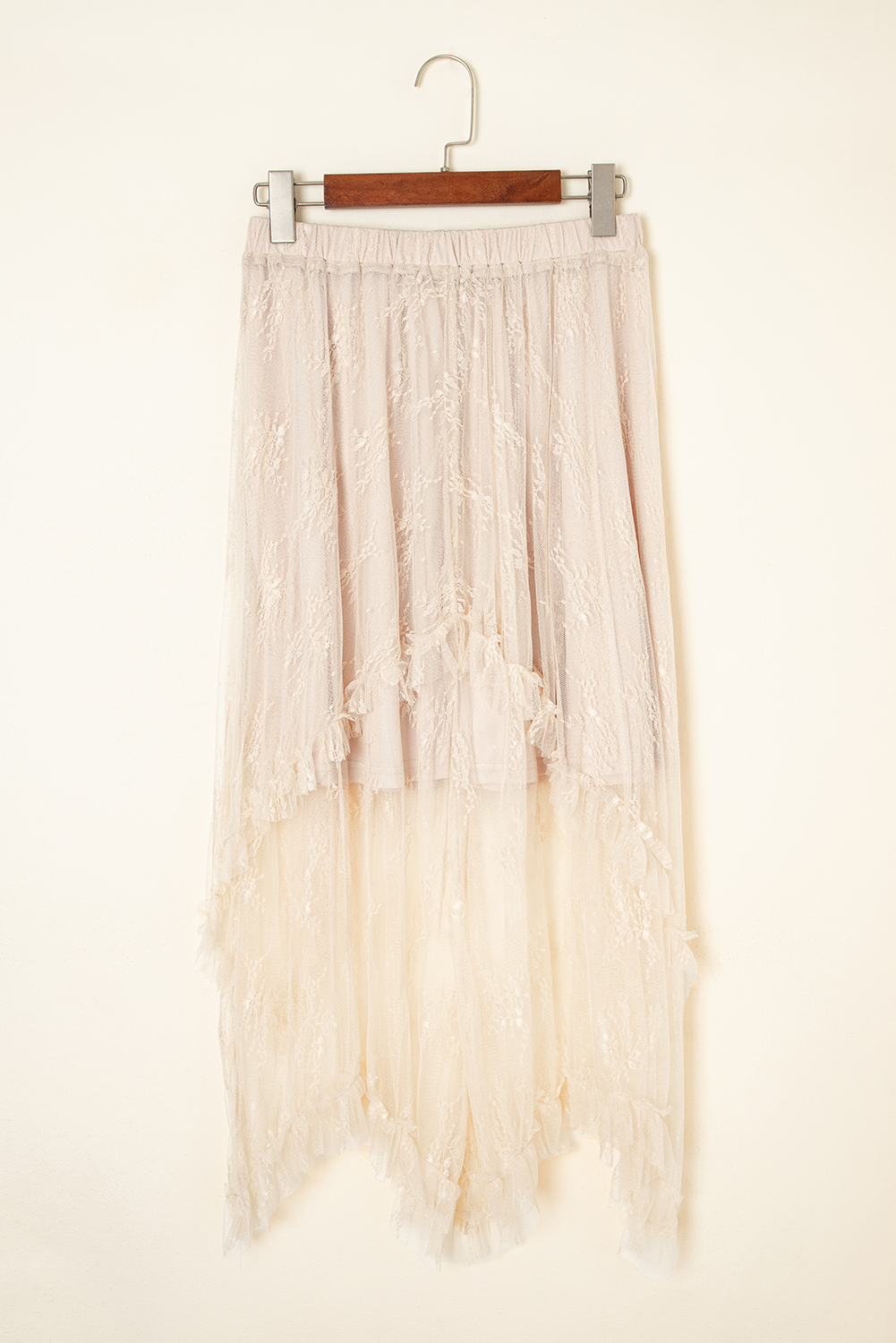 Beige Lace Cascading Tiered High Waist Maxi Skirt