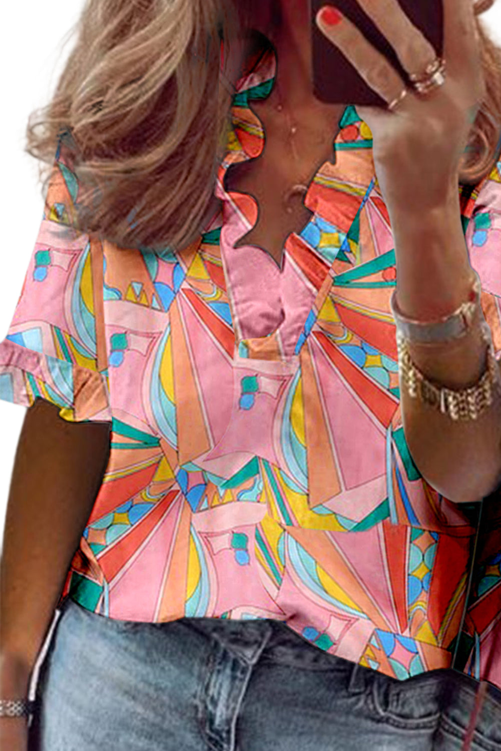 Blusa con cuello en V y volantes con estampado geométrico abstracto multicolor