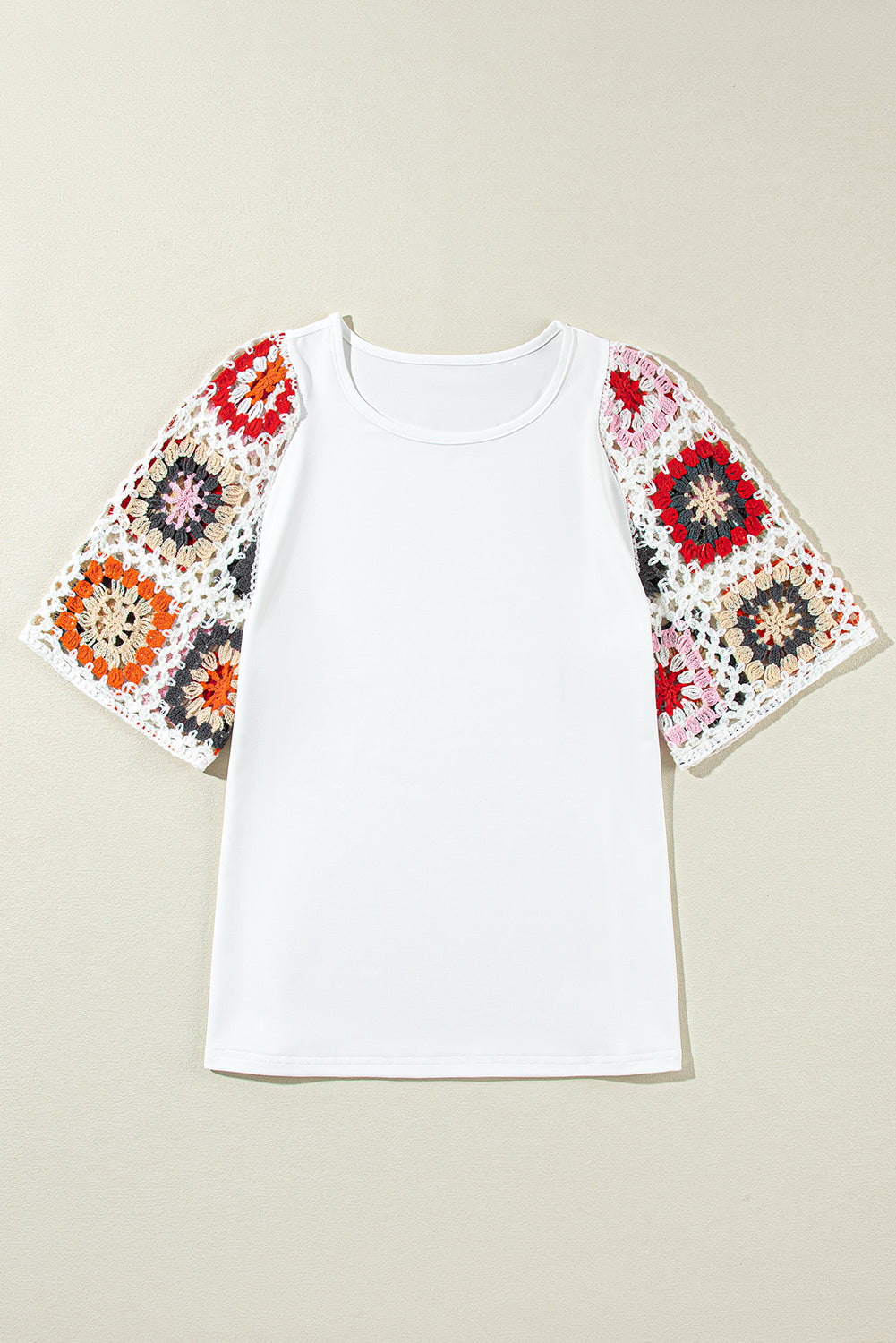 Camiseta con mangas de crochet y estampado floral ahuecado estilo boho turquesa