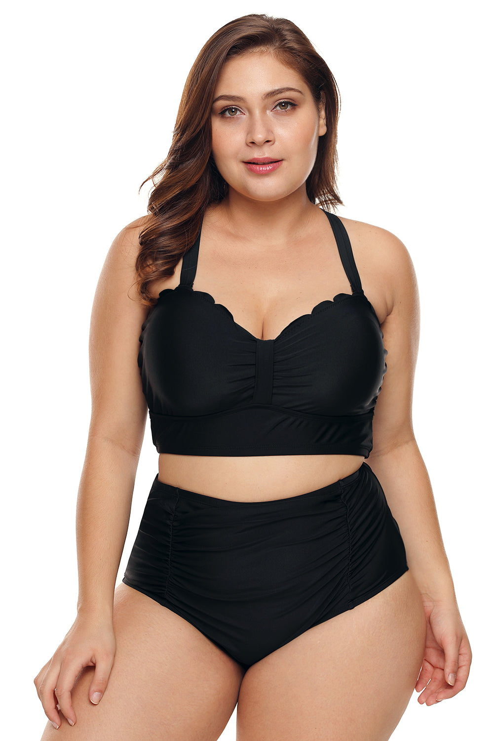 Traje de baño bikini de talle alto con detalle festoneado en negro de talla grande