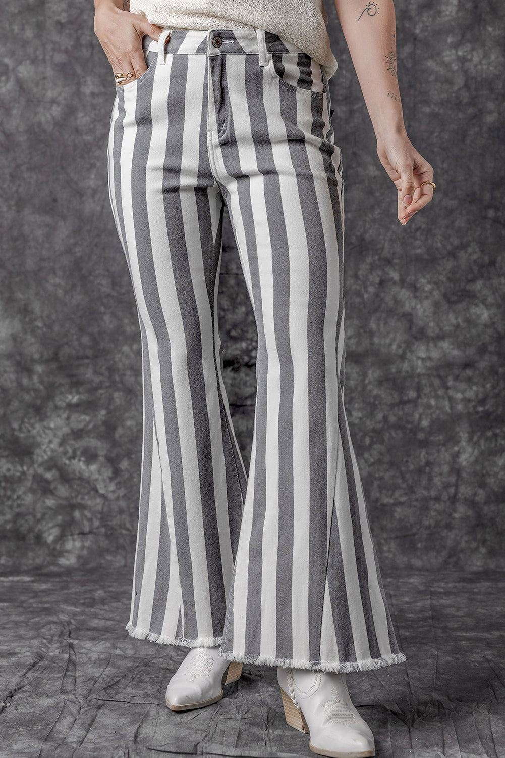 Raw Hem Star Applique Striped Jeans | REG - PLUS