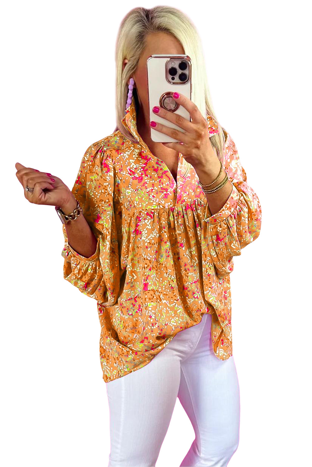 Bonbon Abstract Print Loose Fit Collared V Neck Babydoll Blouse