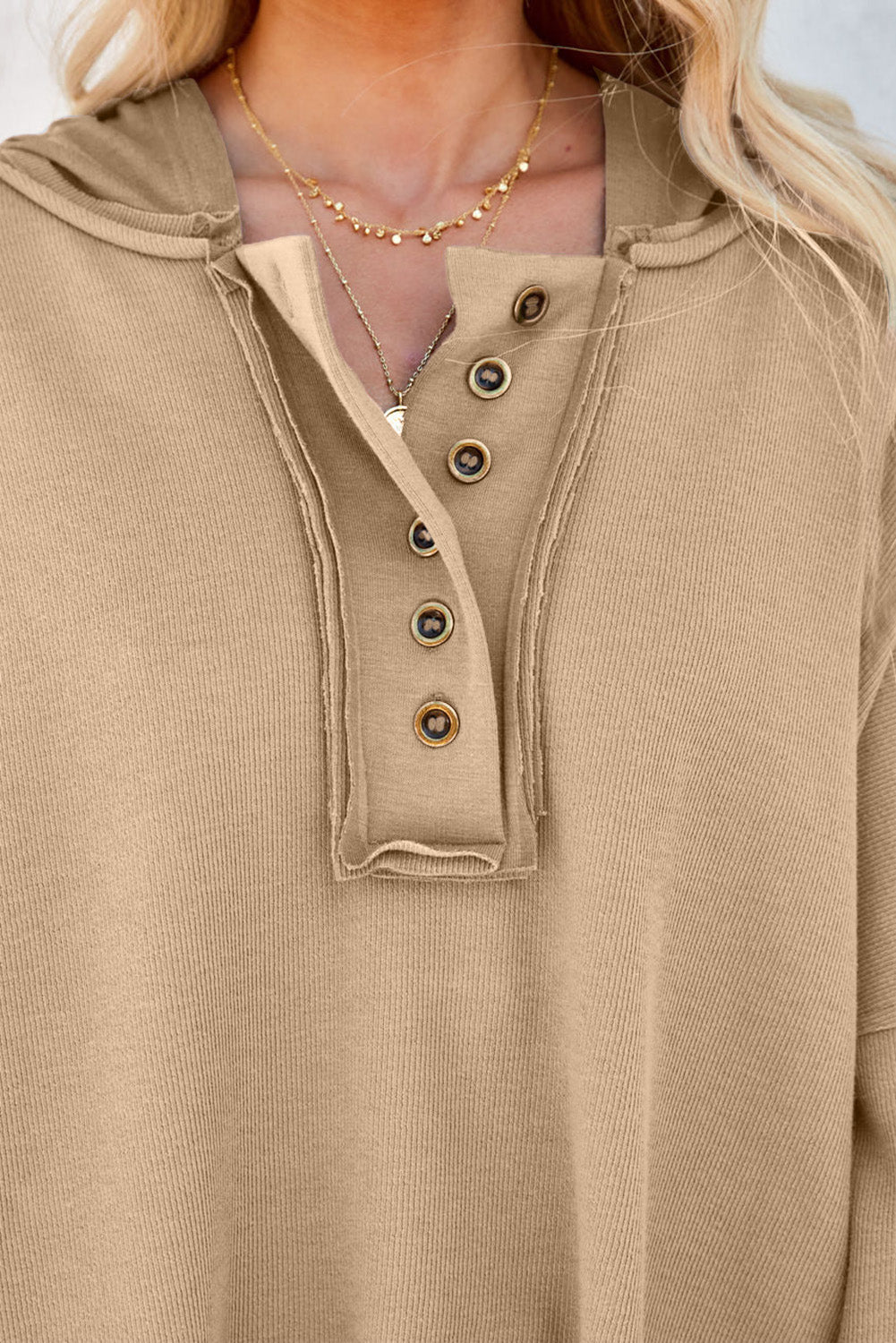 Black Solid Color Button Front Basic Pullover Hoodie