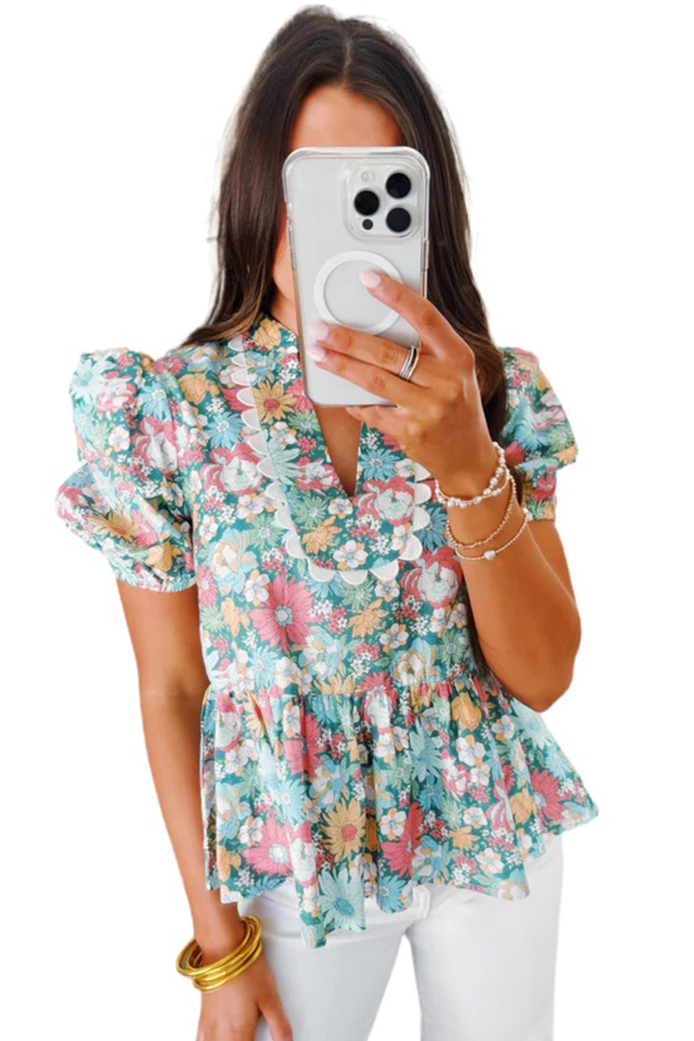 Blusa peplum bohemia con escote en V y mangas cortas abullonadas con estampado floral multicolor