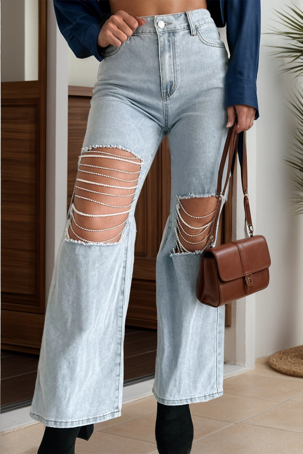 Distressed Bead Chain Straight Jeans | S- XL