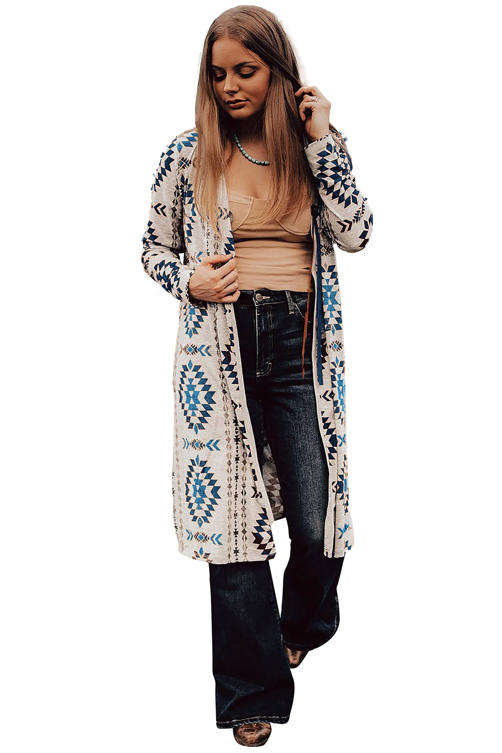 Brown Western Aztec Printed Open Front Long Cardigan