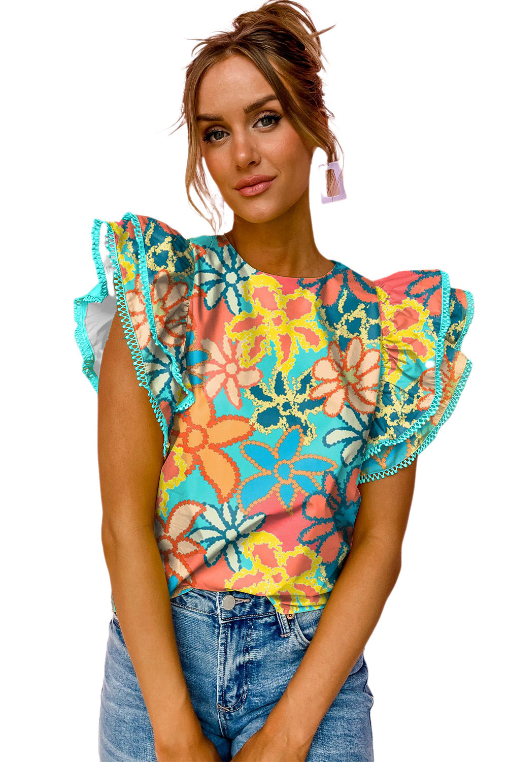 Blusa con mangas con volantes y estampado floral verde estilo boho