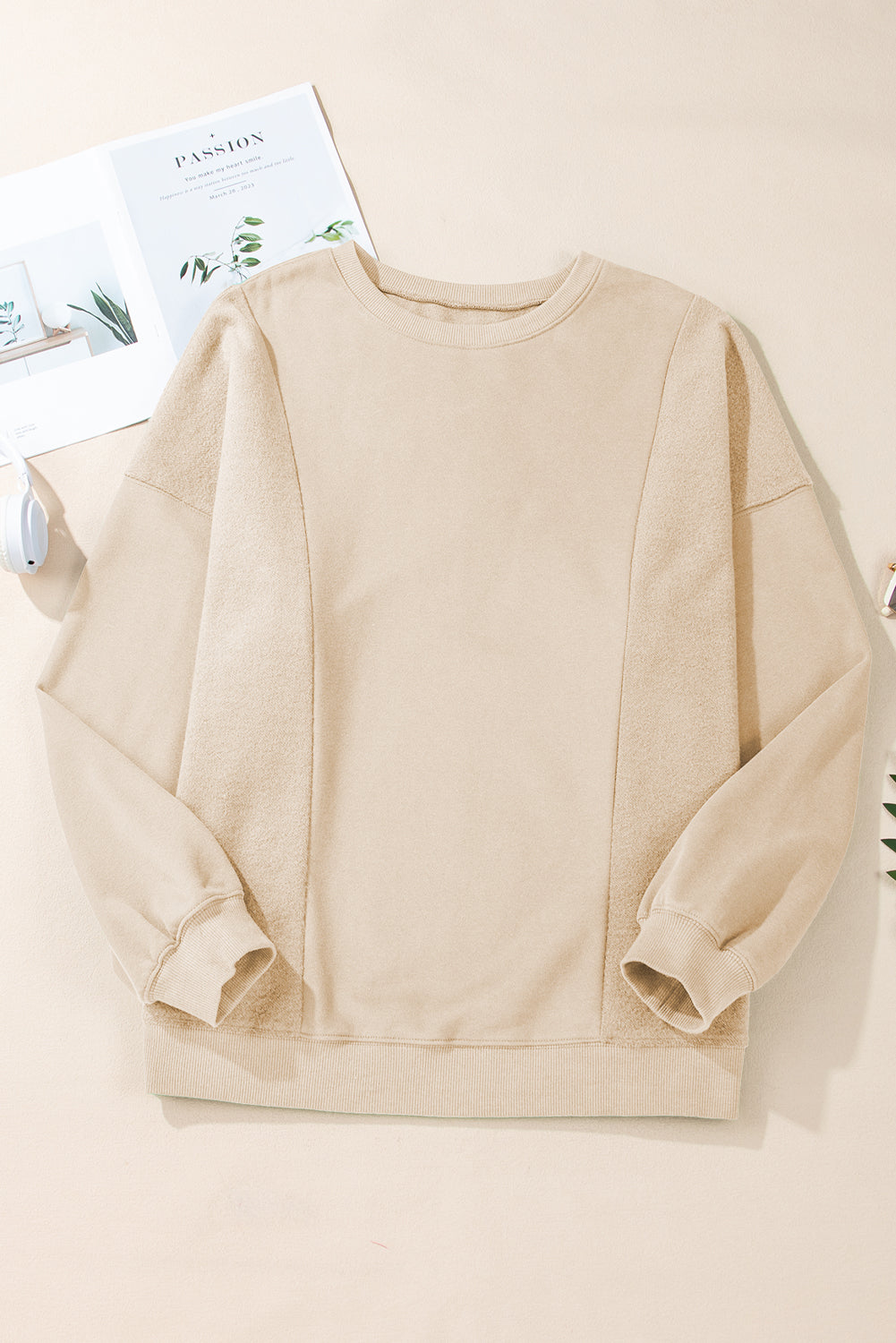 Apricot Loose Patchwork Crewneck Plus Size Sweatshirt