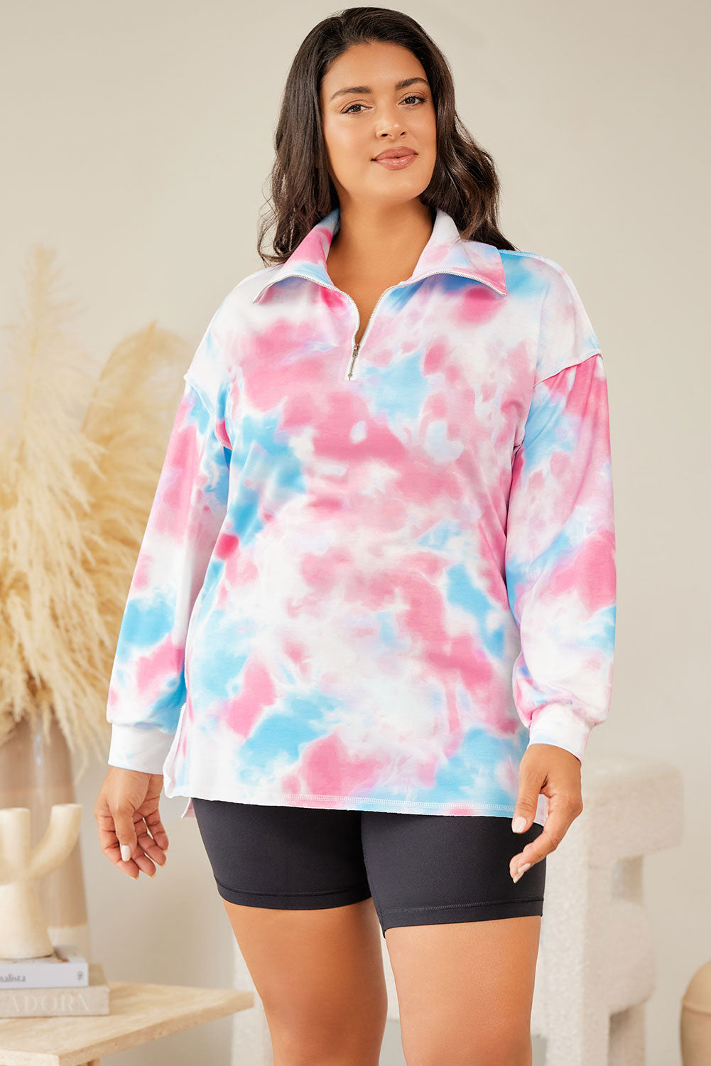 Sudadera con cuello y cremallera en color multicolor y efecto tie-dye en talla grande 