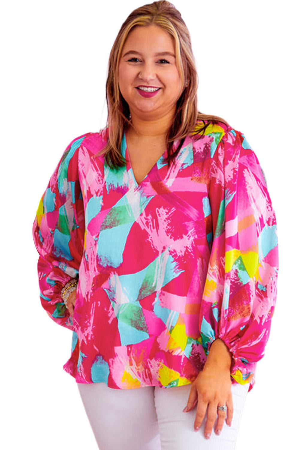 Pink Plus Size Graffiti Print Split Neck Puff Sleeve Blouse