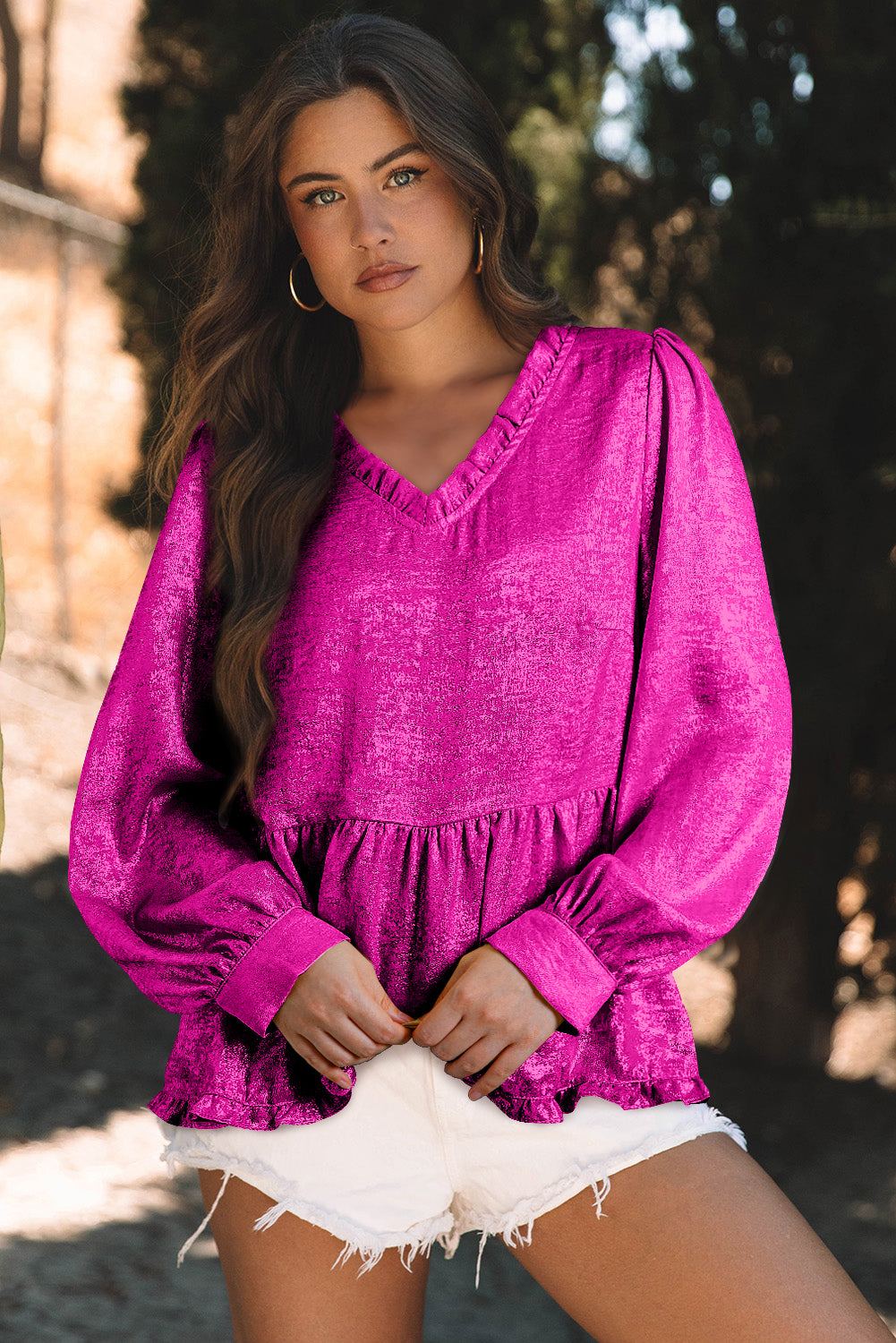 Black Metallic Frilled V Neck Puff Sleeve Babydoll Blouse