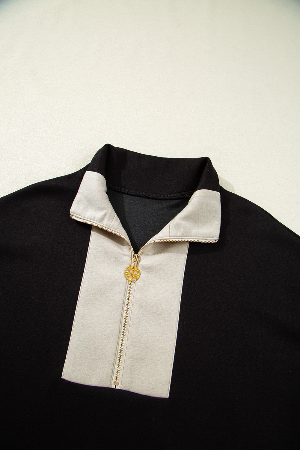 Black Colorblock Zipper Collar T Shirt and Shorts Set