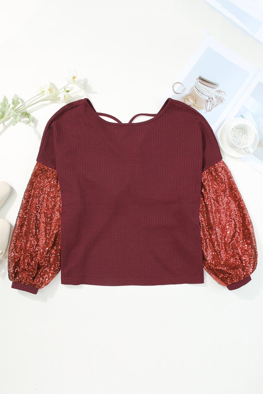 Black Cross Backless Sequin Bishop Sleeve Top | S - 2XL | 3 COLORS