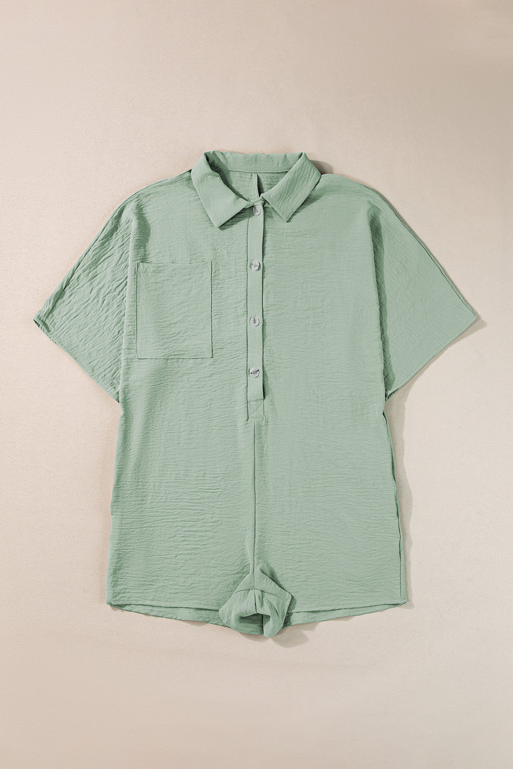 Bright Pink Plain Half Button Collared Pocket Loose Romper