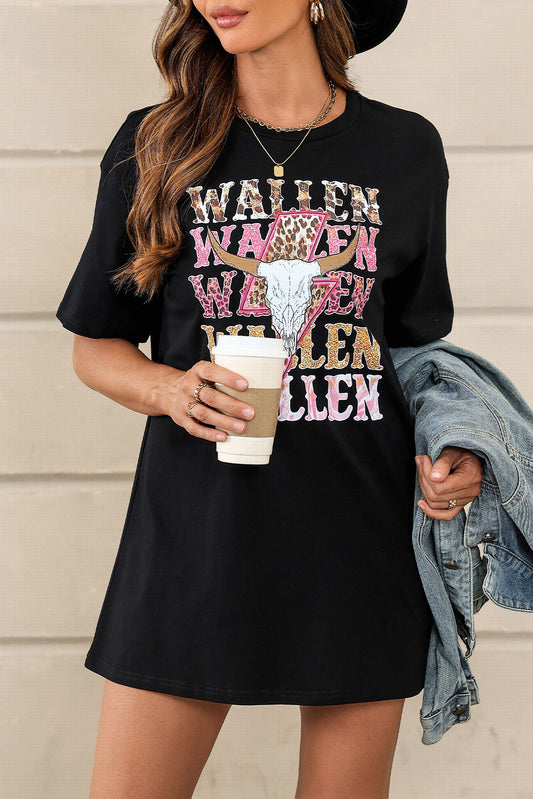 Black WALLEN Letter Print Animal Graphic Oversized Tee