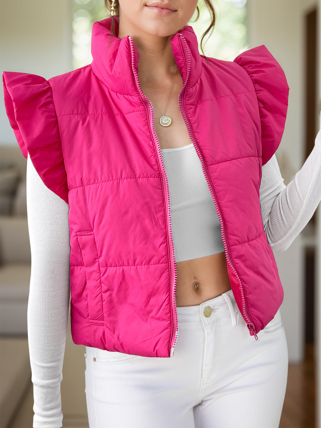 Pocketed Zip Up Cap Sleeve Puffer Vest