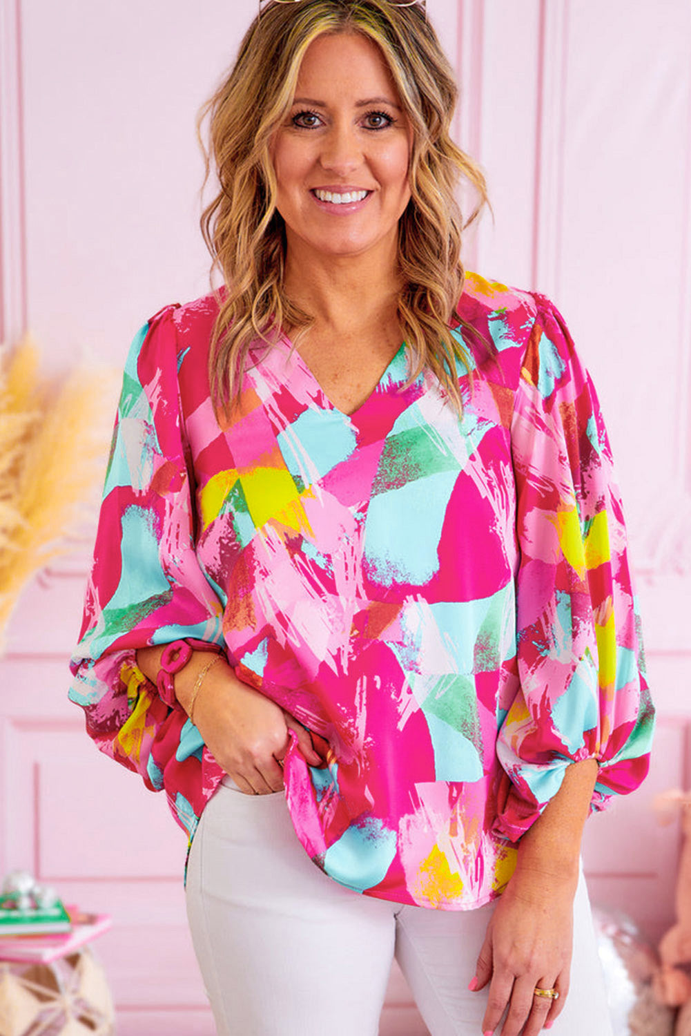 Pink Plus Size Graffiti Print Split Neck Puff Sleeve Blouse