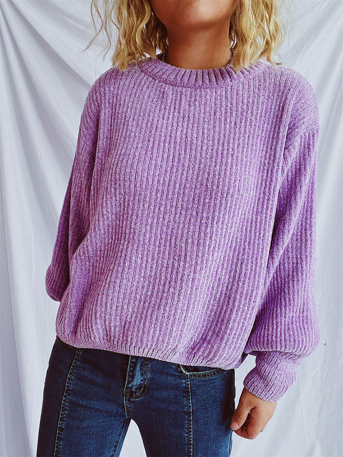 Round Neck Dropped Shoulder Chenille Long Sleeve Sweater