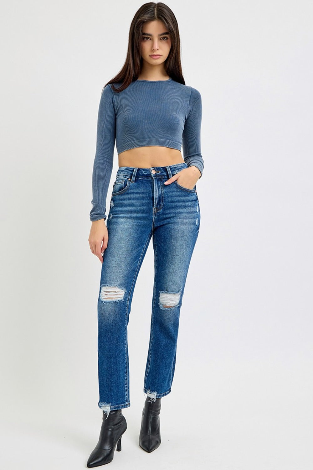 RISEN Full Size High Rise Distressed Crop Straight Jeans