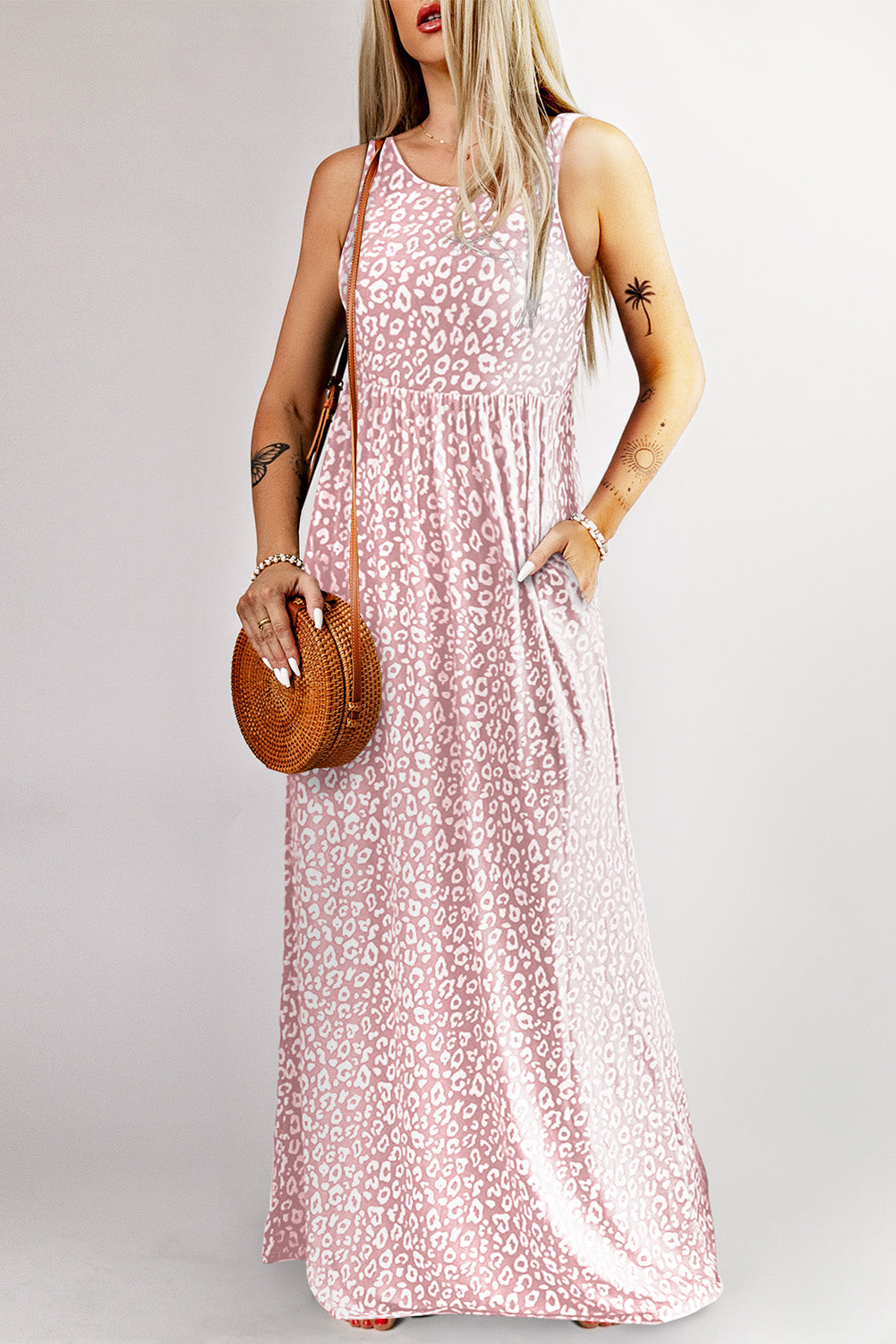 Vestido largo sin mangas con bolsillos y estampado de leopardo gris