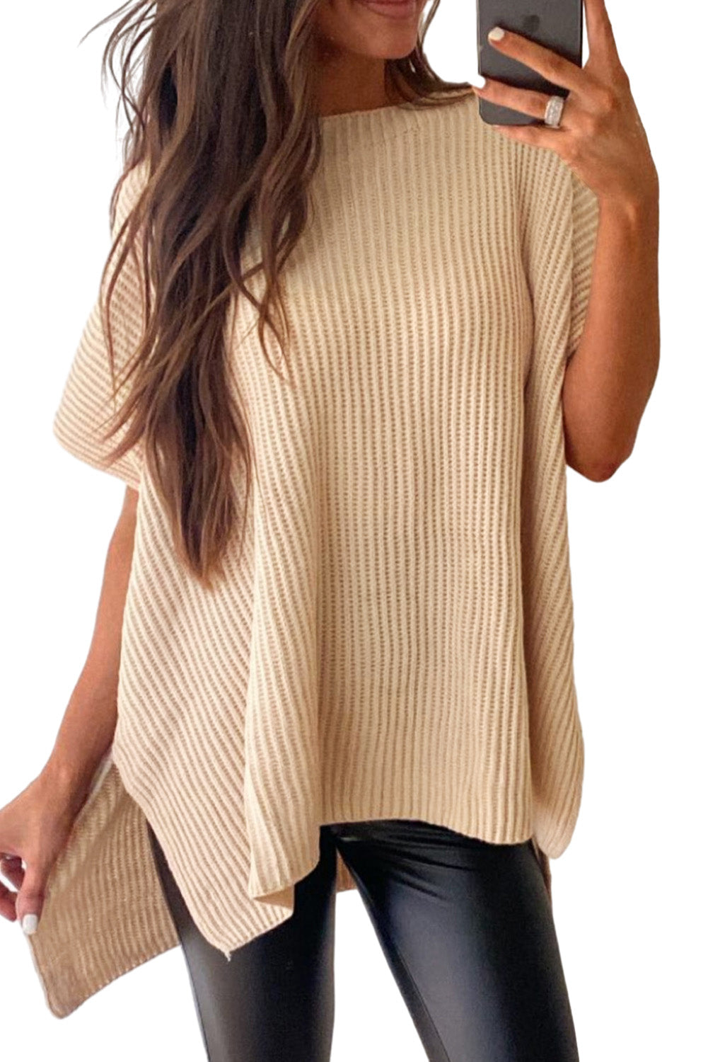 Top de punto de gran tamaño con mangas cortas estilo dolman y abertura lateral en color gris | S - XL | 3 COLORES