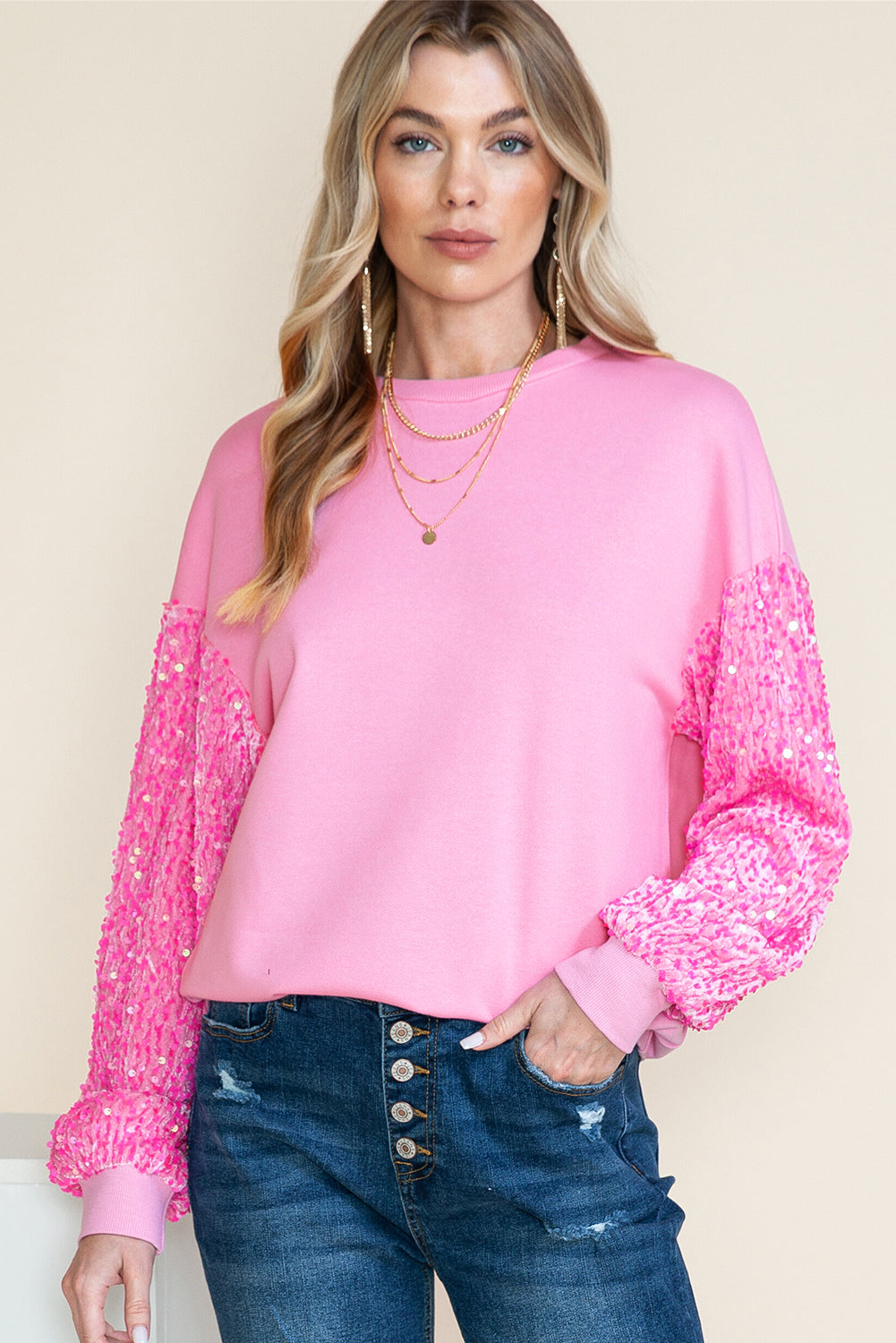 Orchid Petal Sequin Patchwork Long Sleeve Pullover Top