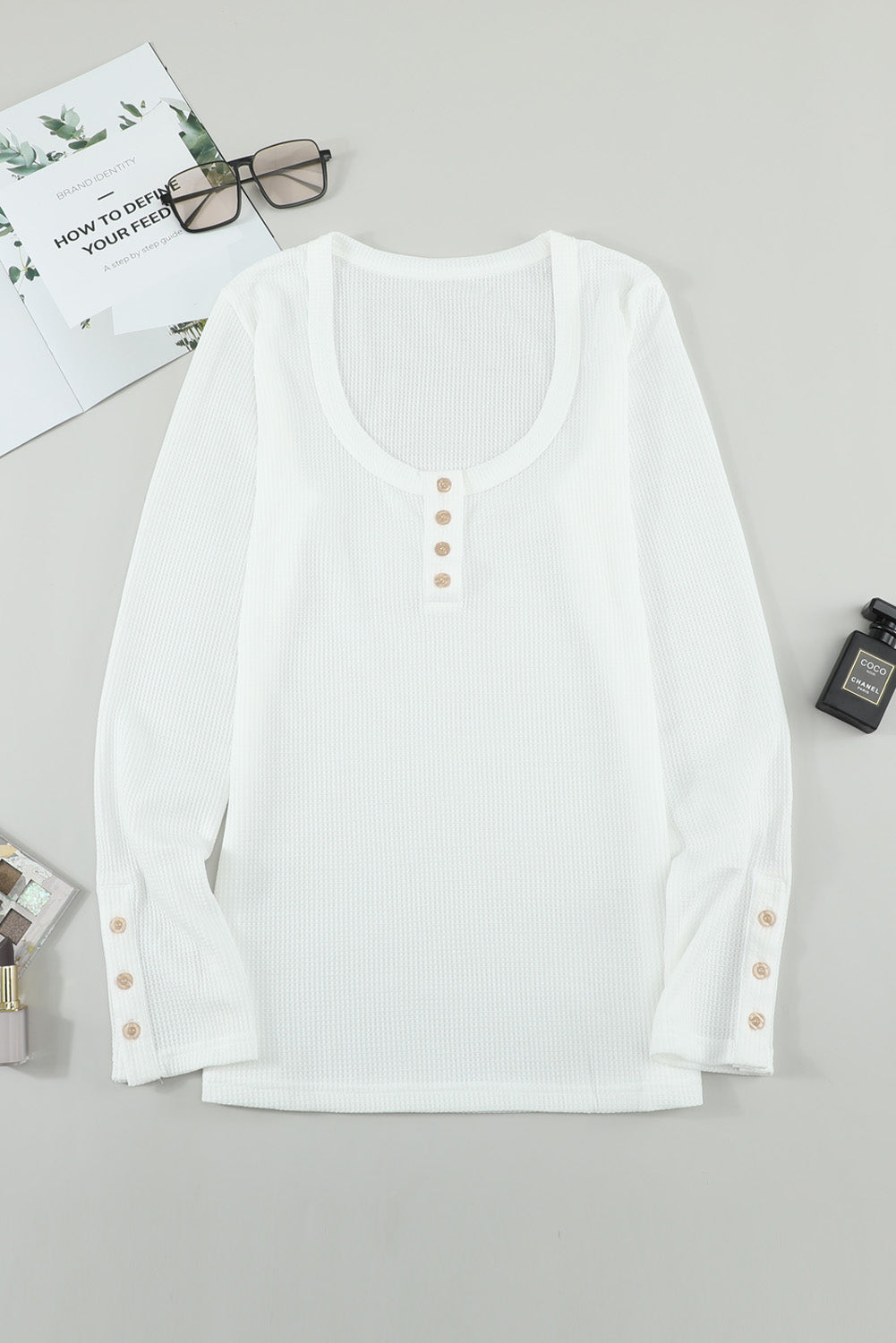Burgundy Waffle Knit Casual Scoop Neck Long Sleeve Henley Shirt