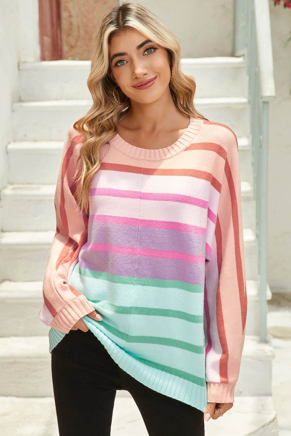 Yellow Striped Ribbed Edge Gradient Loose Sweater