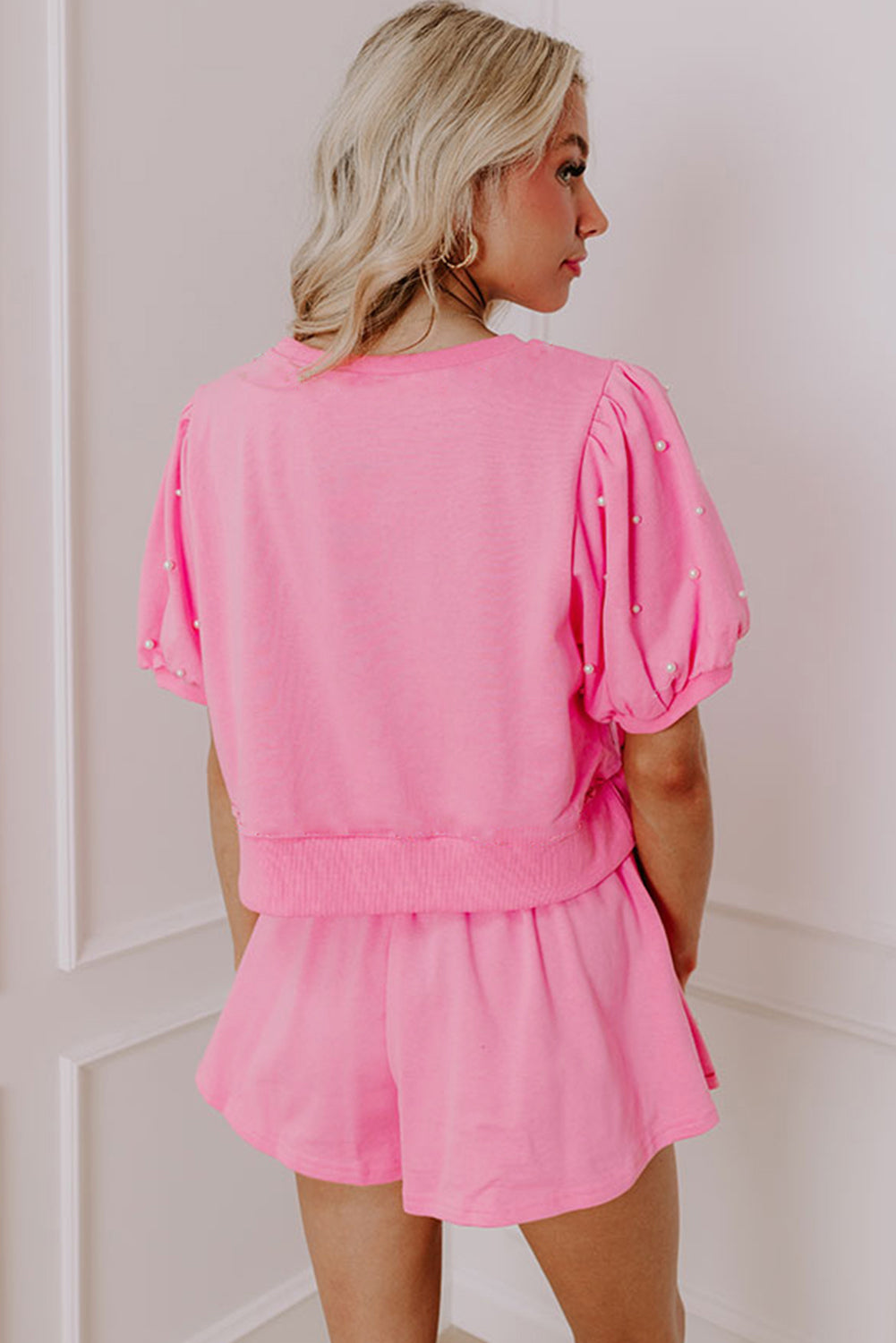 Pink Sweet Bow Trim Pearl Embellished Blouse and Skort Set
