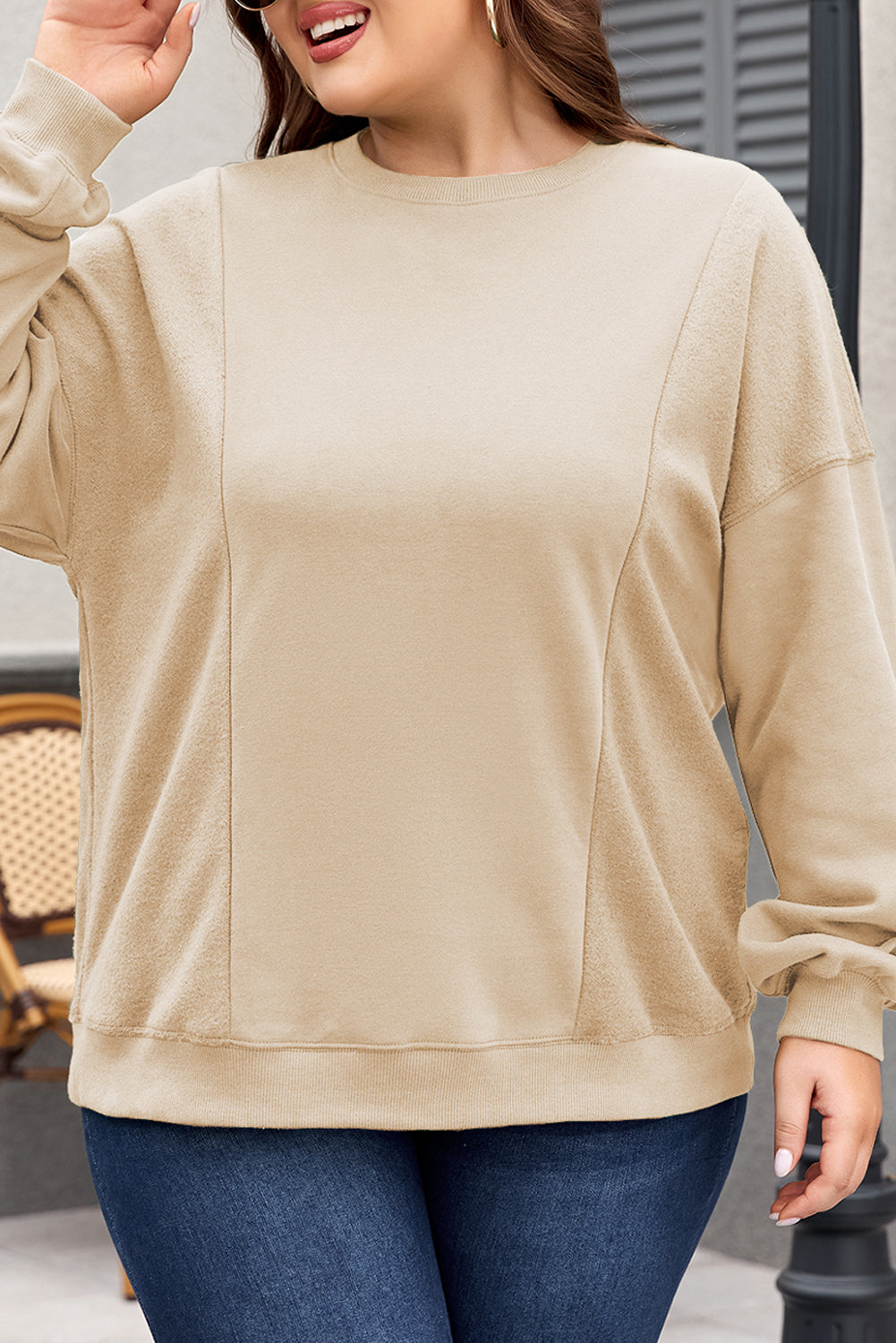 Apricot Loose Patchwork Crewneck Plus Size Sweatshirt